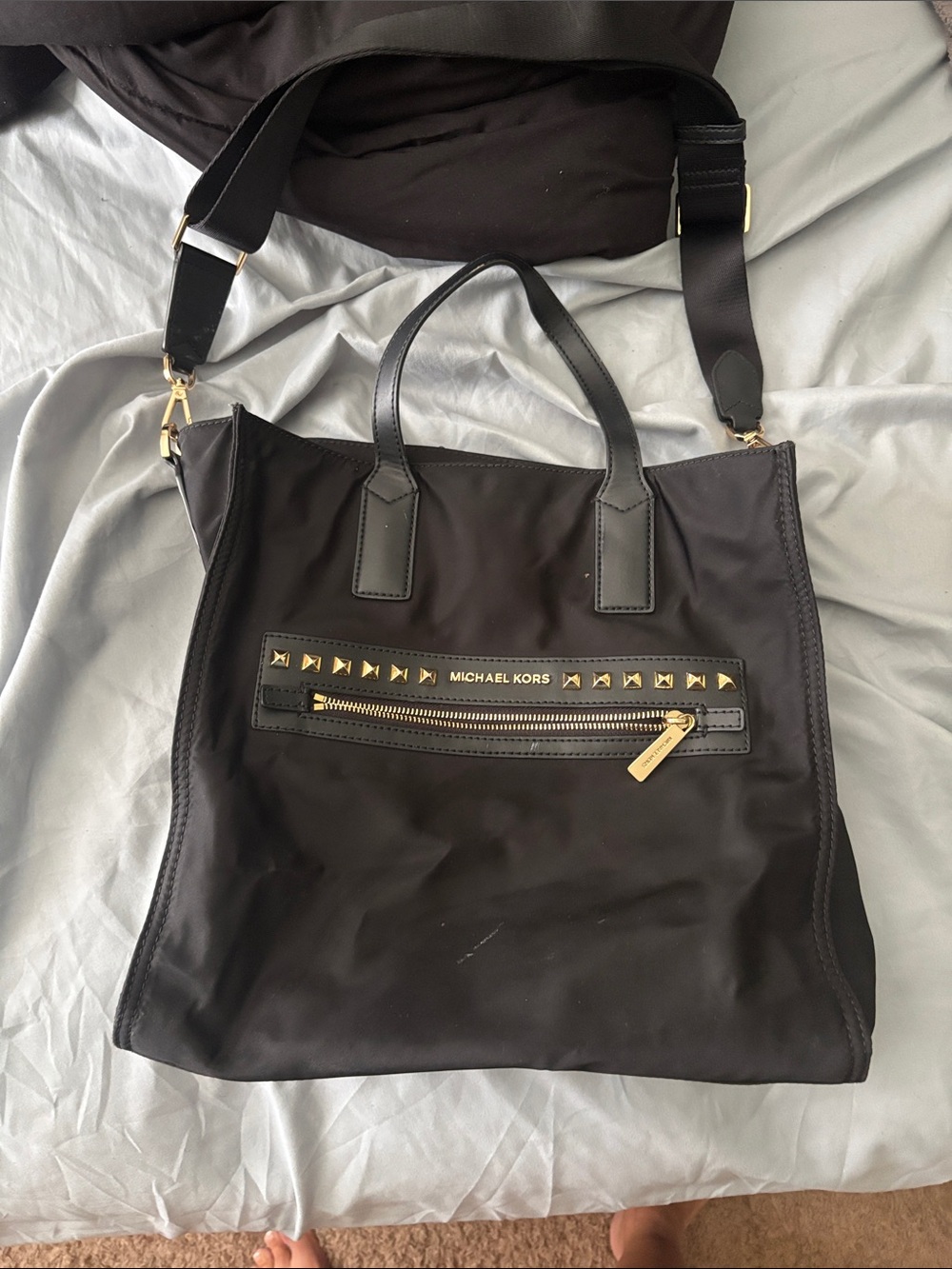 Michael Kors Black Nylon Messenger Tote with Gold Stud Accents